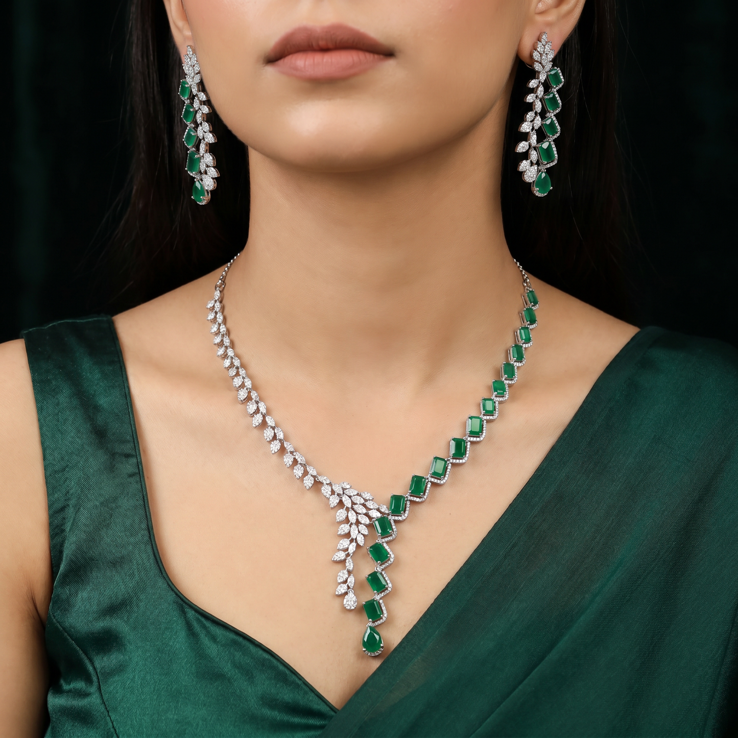 Grand Occasion Rhodium Necklace Set with Cascading Leaf Link Pattern