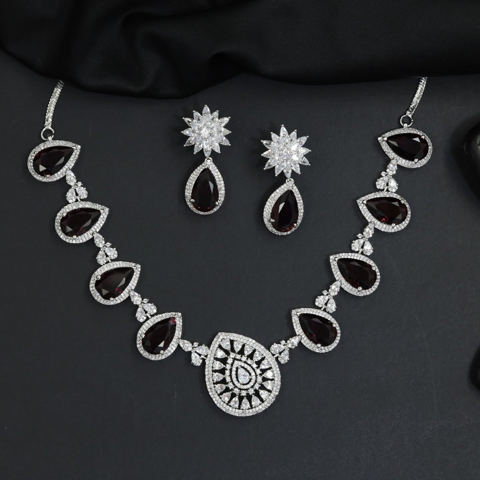 Pear Halo Rhodium Necklace Set with Ornamental Medallion Centrepiece