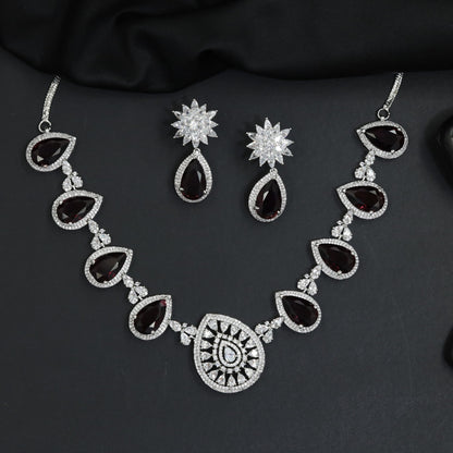 Pear Halo Rhodium Necklace Set with Ornamental Medallion Centrepiece
