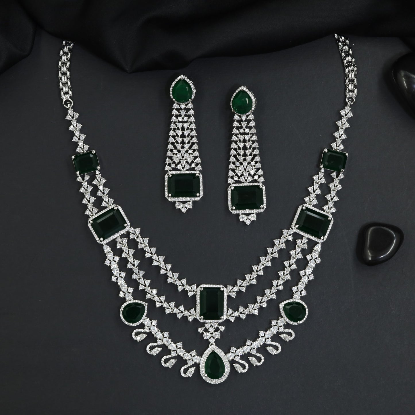 Pear Medallion Rhodium Necklace Set with Halo Drop Detailing