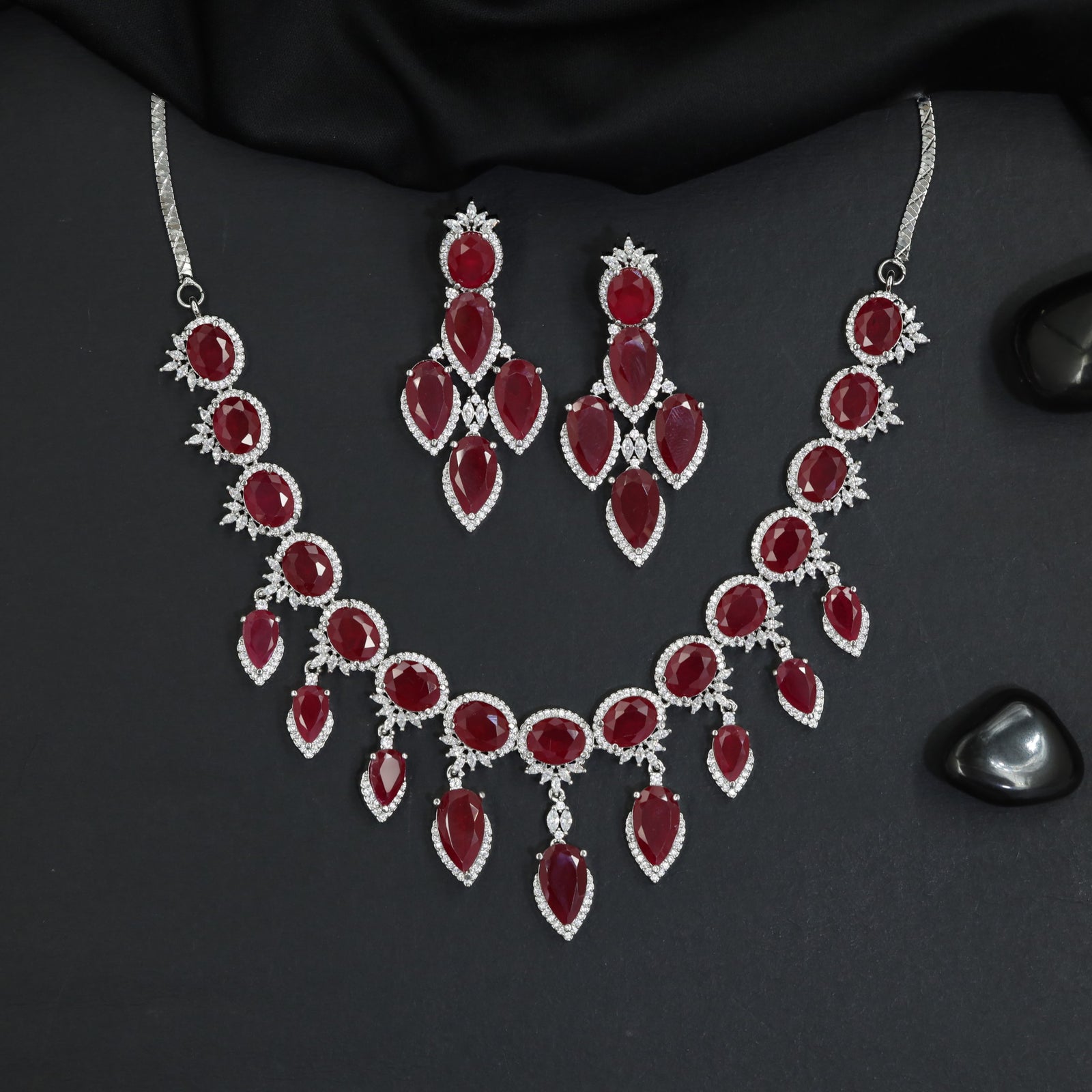 Vintage Inspired Rhodium Necklace Set with Teardrop Fringe Styling