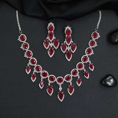 Vintage Inspired Rhodium Necklace Set with Teardrop Fringe Styling