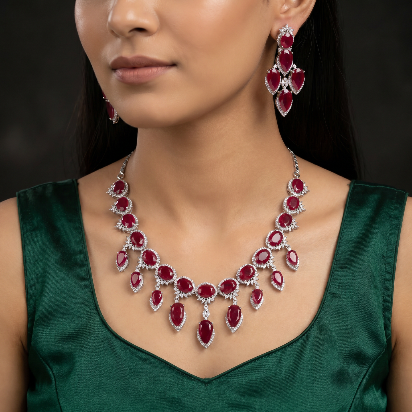 Vintage Inspired Rhodium Necklace Set with Teardrop Fringe Styling