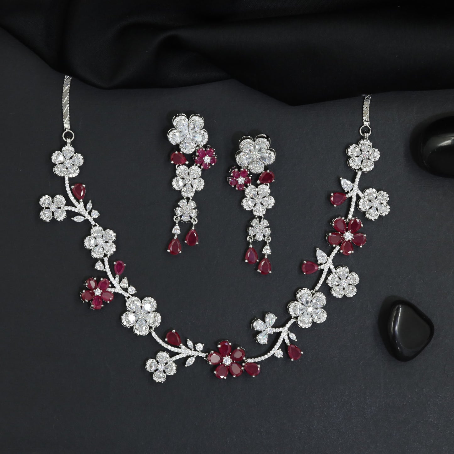 Botanical Garland Rhodium Necklace Set with Floral Cluster Earrings