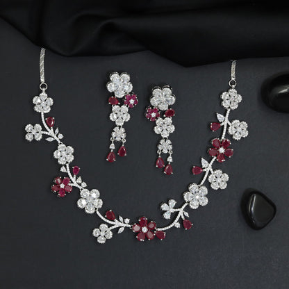 Botanical Garland Rhodium Necklace Set with Floral Cluster Earrings