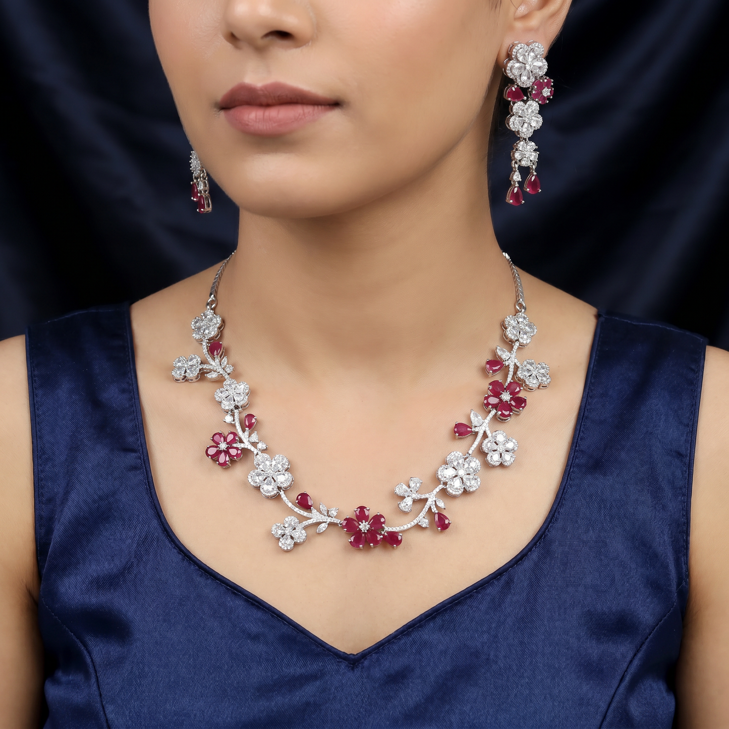 Botanical Garland Rhodium Necklace Set with Floral Cluster Earrings