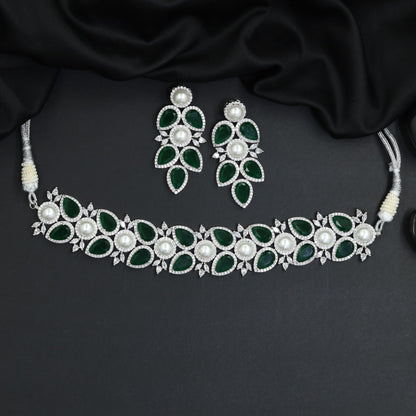 Festoon Floral Rhodium Choker Set with Linked Rosette Design