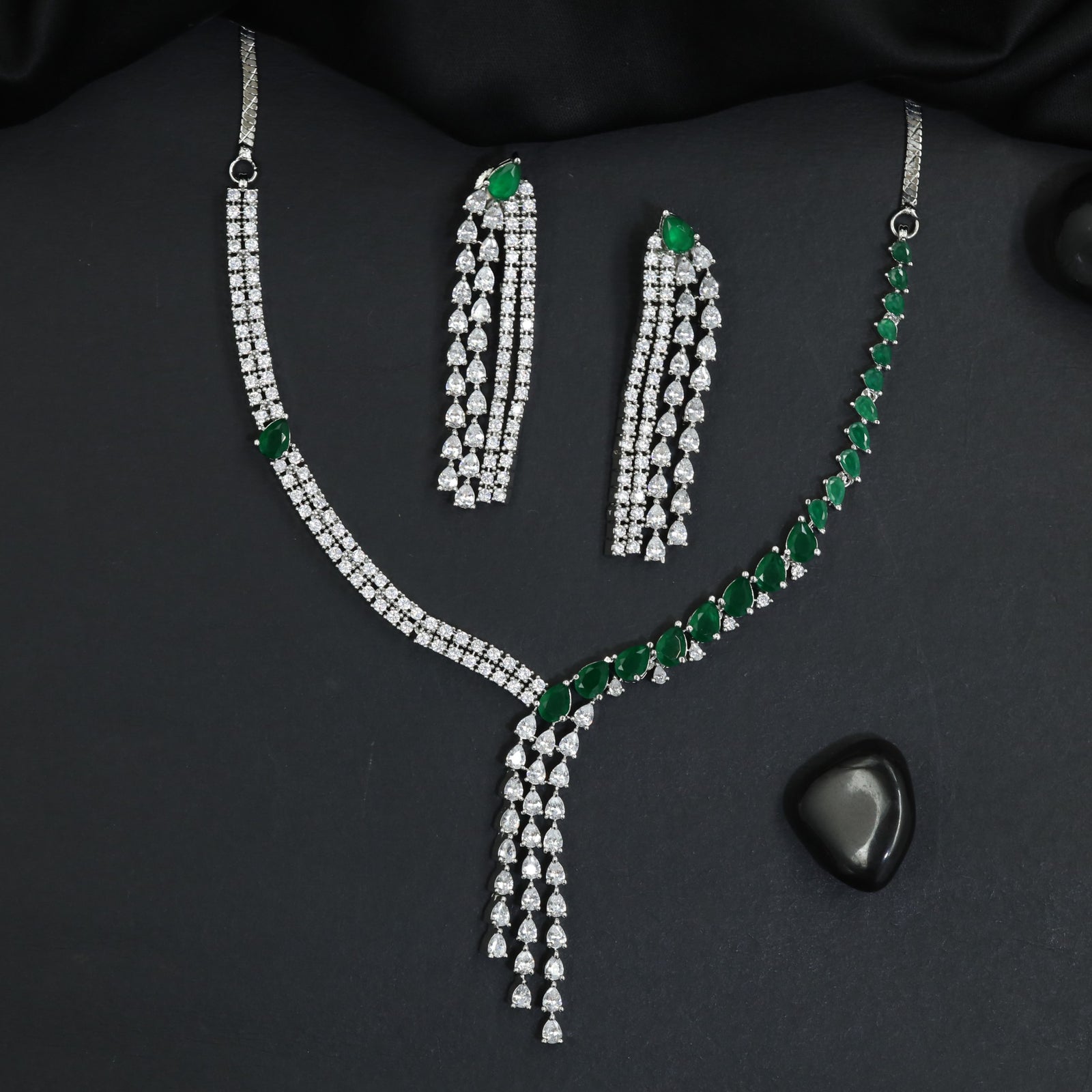Grand Occasion Rhodium Necklace Set with Y-Line Cascade Design