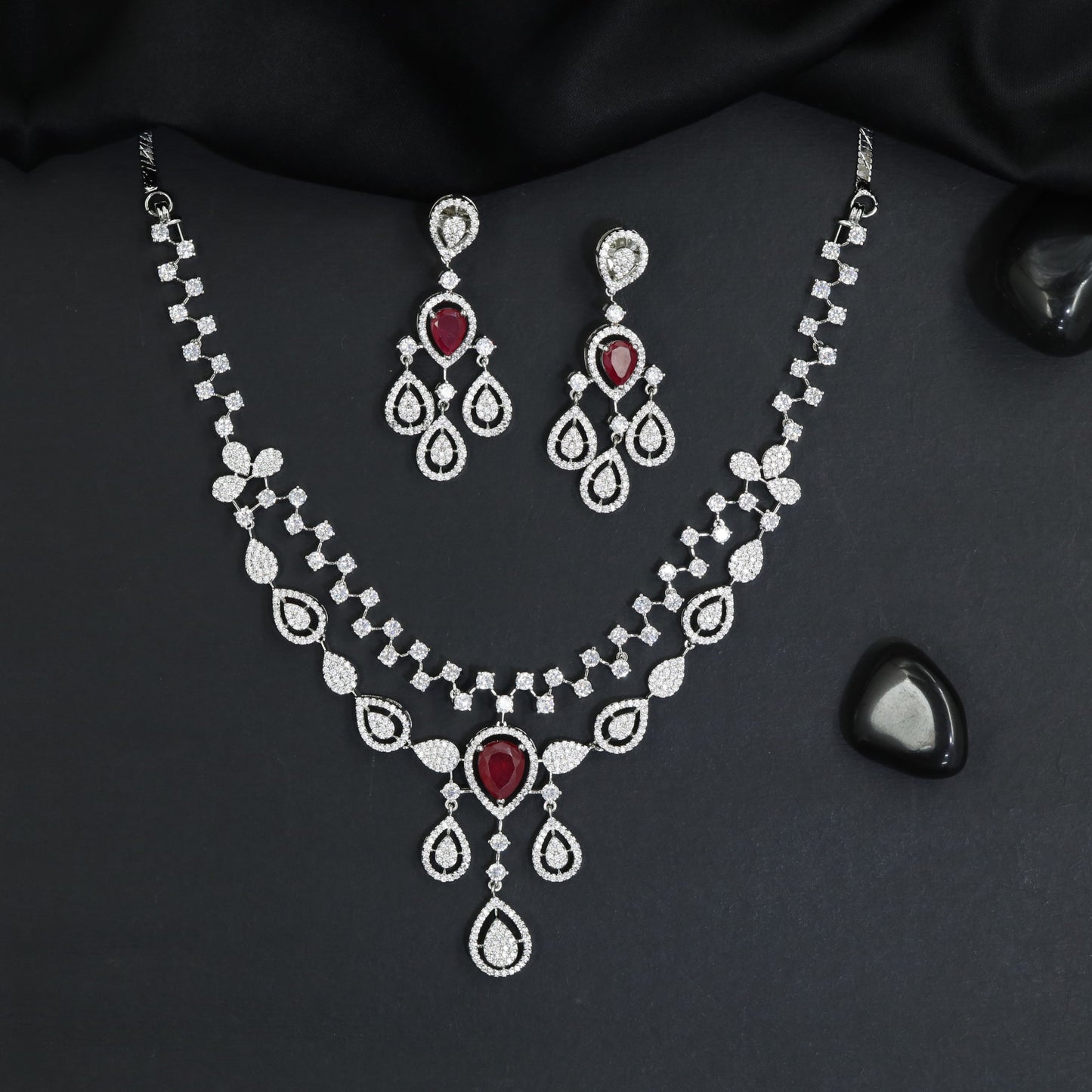 Heirloom Halo Fringe Rhodium Necklace Set with Pendant Drop Centrepiece