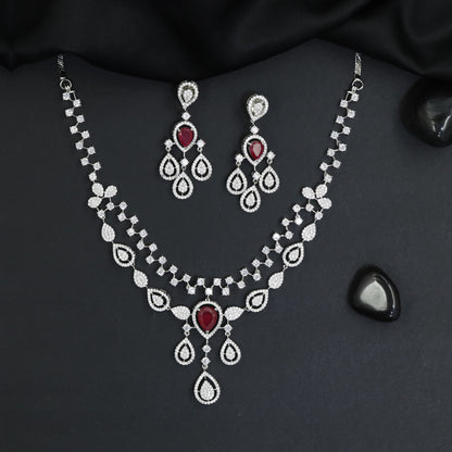 Heirloom Halo Fringe Rhodium Necklace Set with Pendant Drop Centrepiece