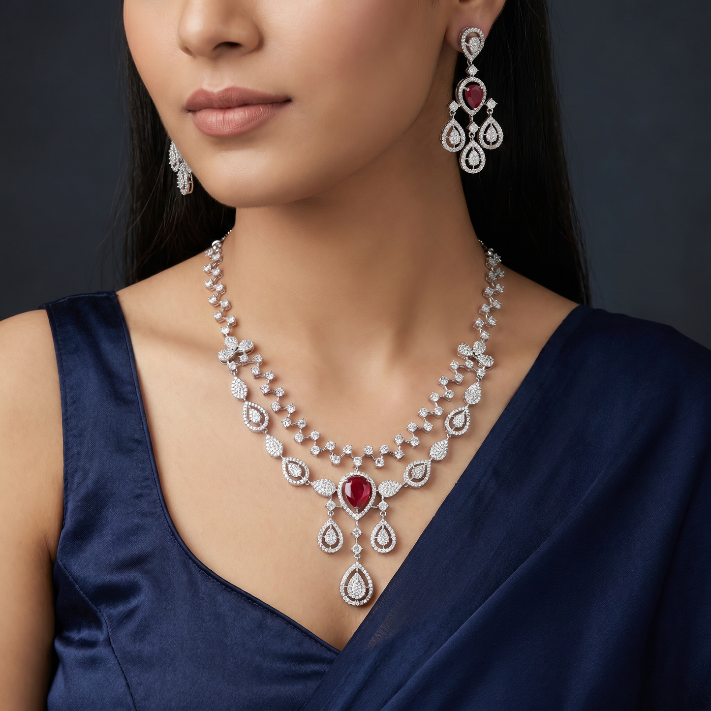Heirloom Halo Fringe Rhodium Necklace Set with Pendant Drop Centrepiece