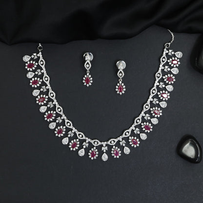 Statement Rosette Rhodium Necklace Set with Floral Halo Pattern