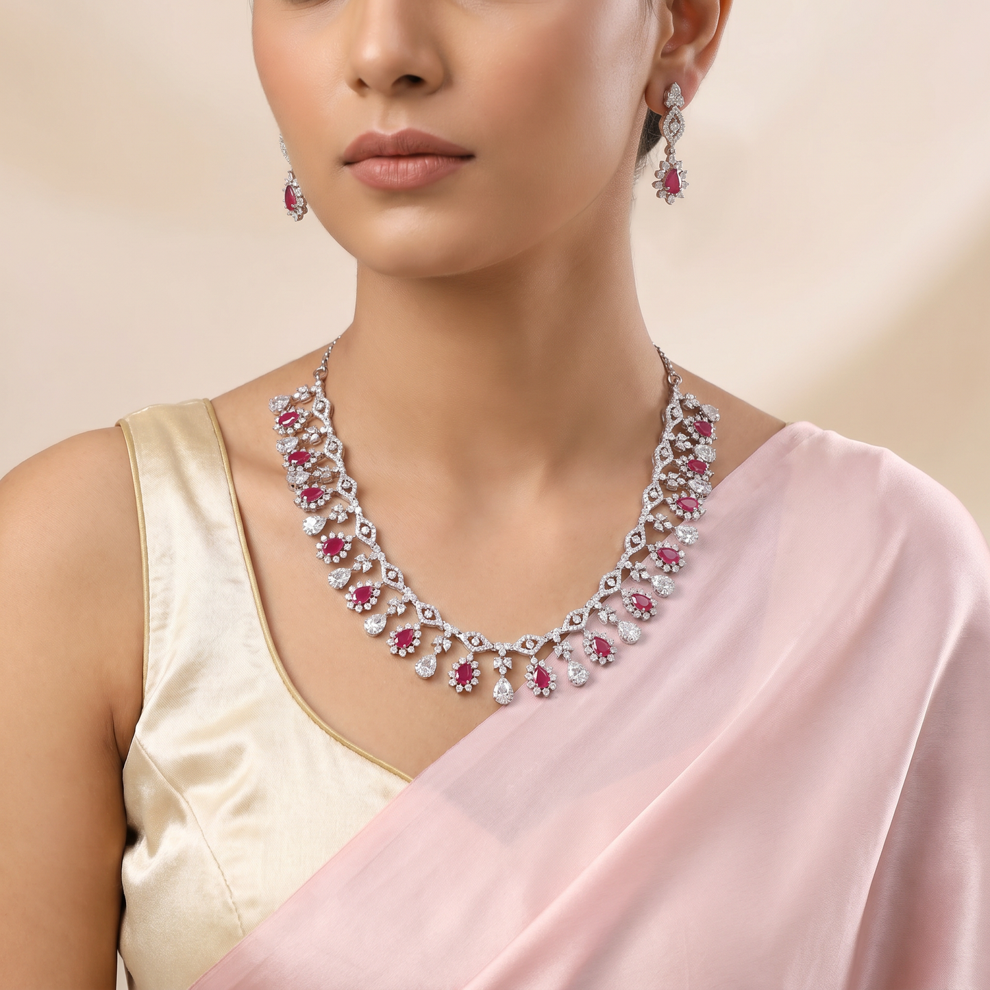 Statement Rosette Rhodium Necklace Set with Floral Halo Pattern