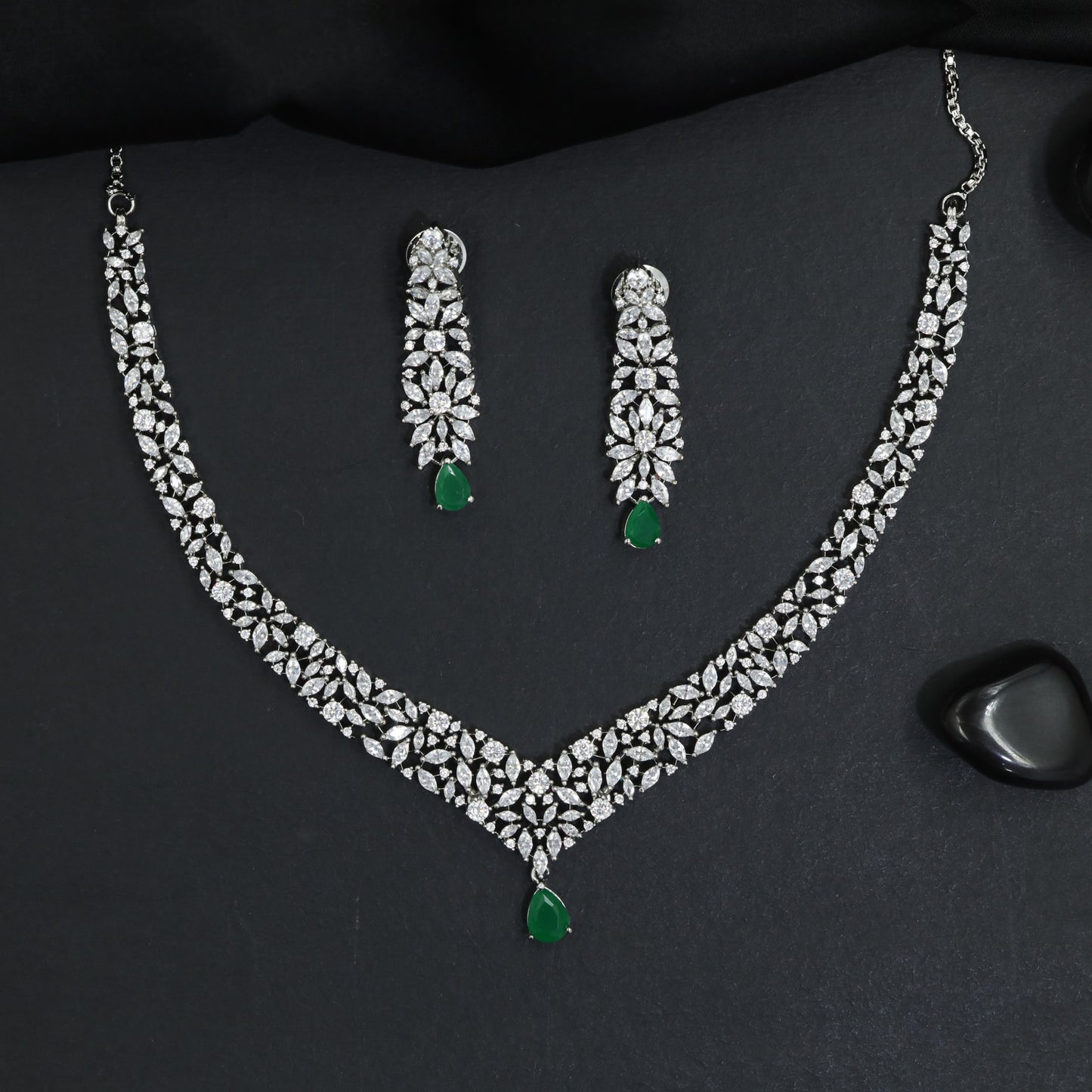 Statement Botanical Rhodium Necklace Set with Teardrop Pendant Centrepiece