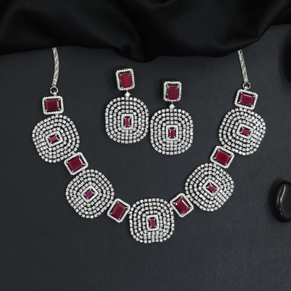 Heirloom Geometric Medallion Rhodium Necklace Set with Statement Stud Earrings