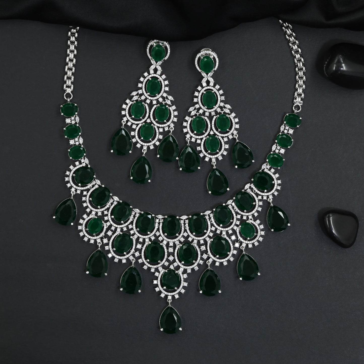Grand Occasion Rhodium Necklace Set with Halo Drop Cascade
