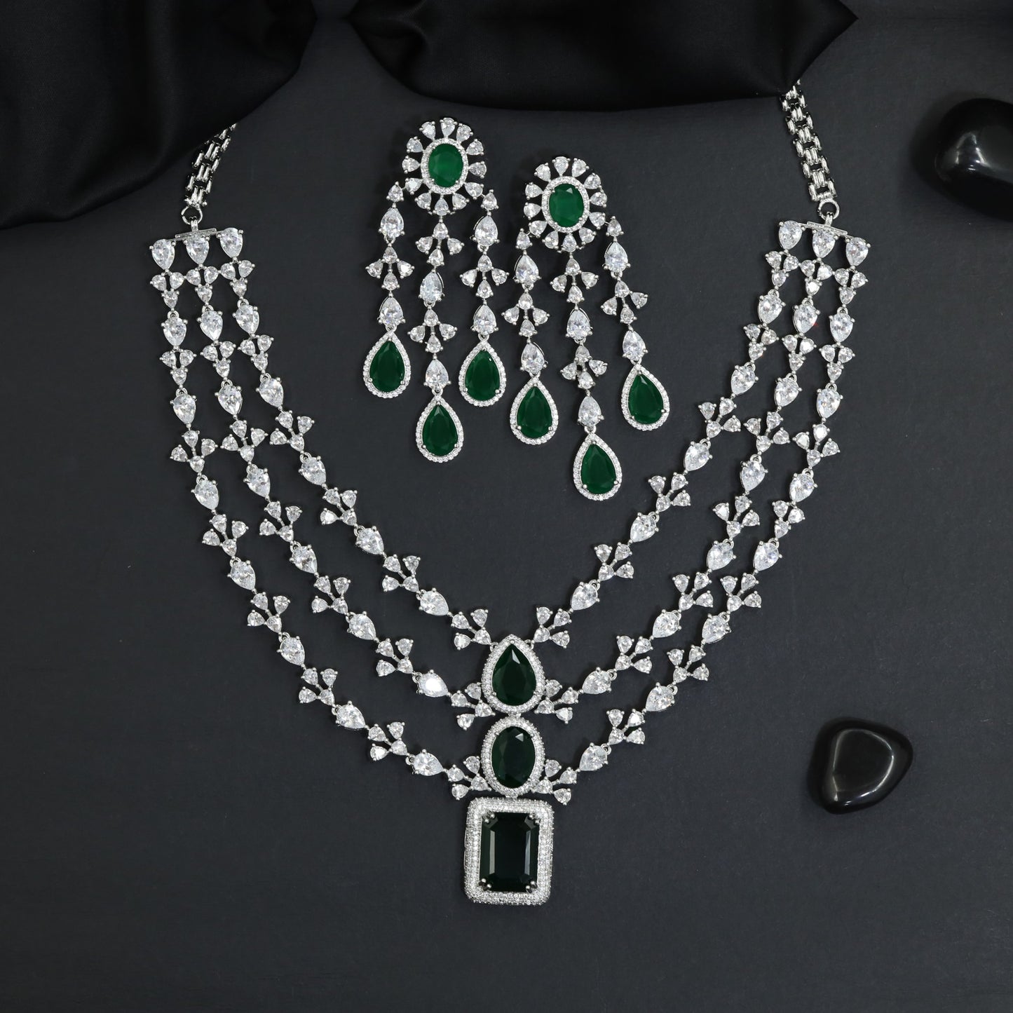 Opera Drape Rhodium Necklace Set with Layered Chain Silhouette