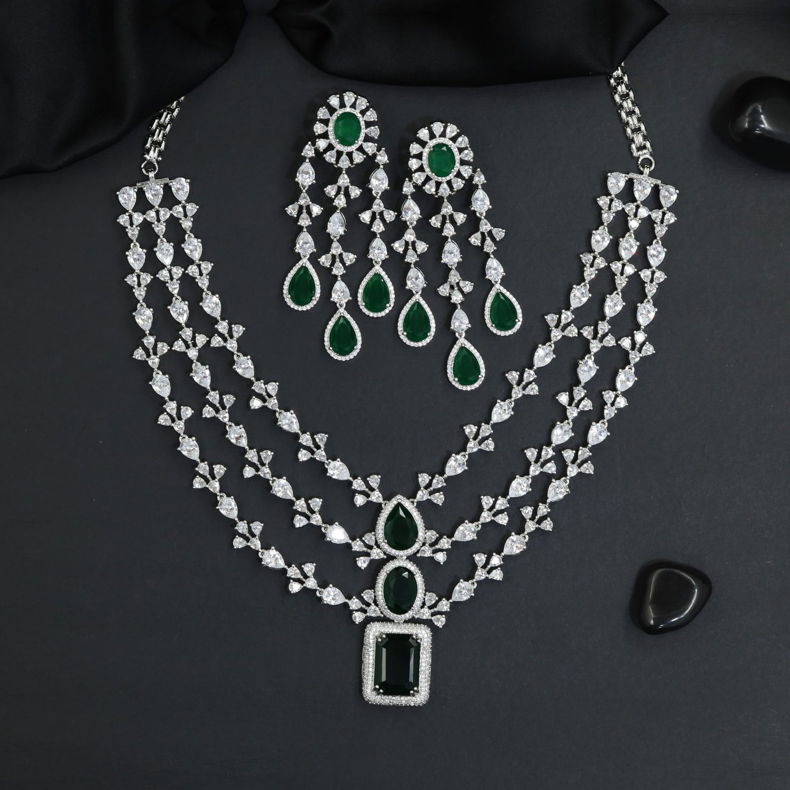 Opera Drape Rhodium Necklace Set with Layered Chain Silhouette