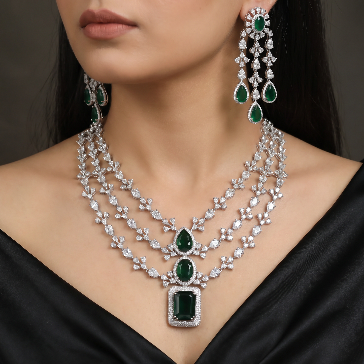 Opera Drape Rhodium Necklace Set with Layered Chain Silhouette