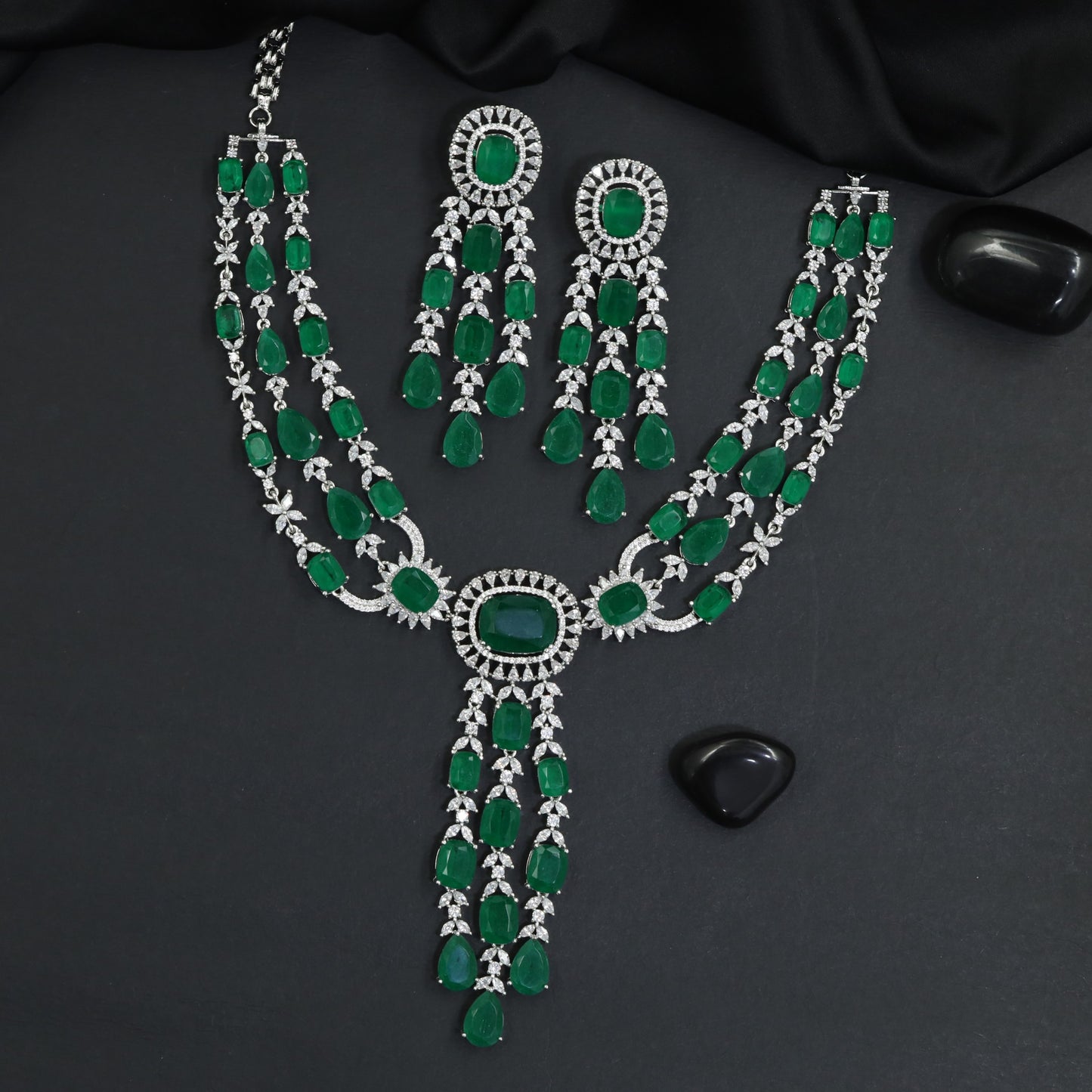 Heirloom Triple Strand Rhodium Necklace Set with Halo Medallion Tassels