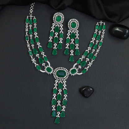 Heirloom Triple Strand Rhodium Necklace Set with Halo Medallion Tassels