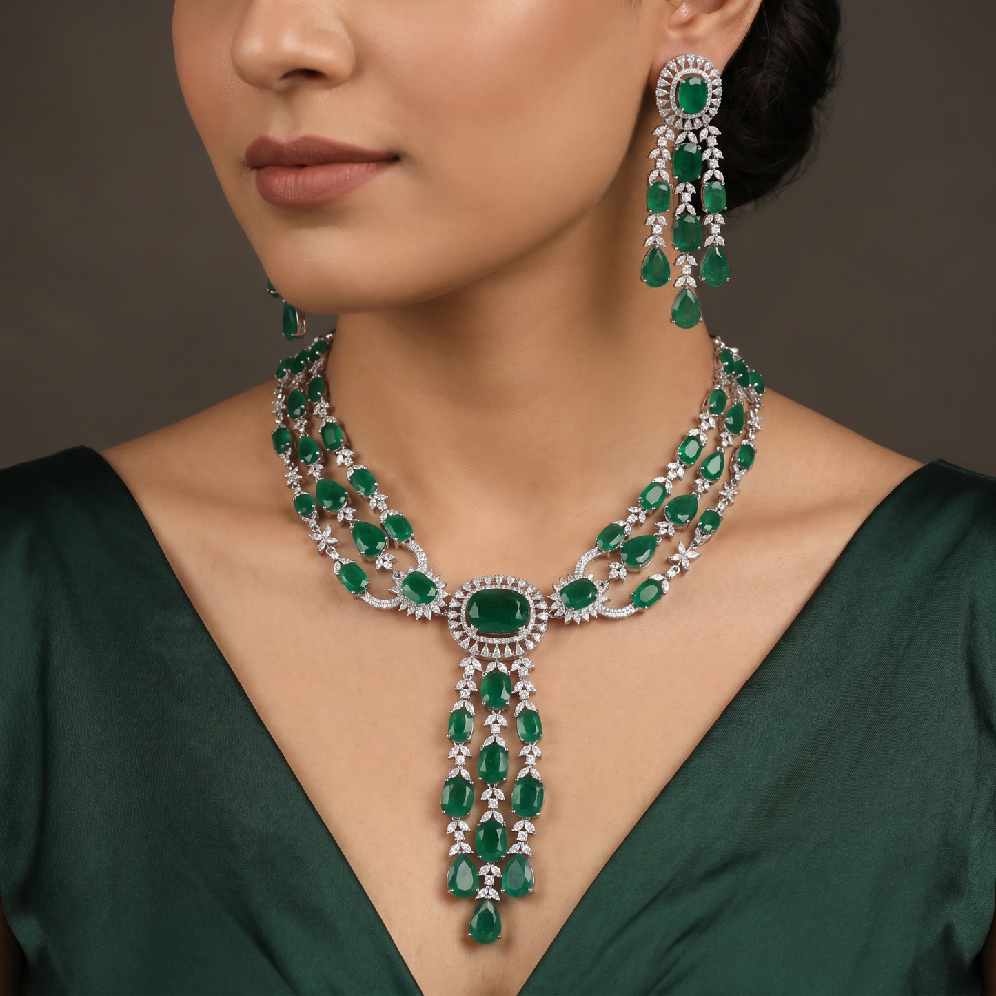 Heirloom Triple Strand Rhodium Necklace Set with Halo Medallion Tassels