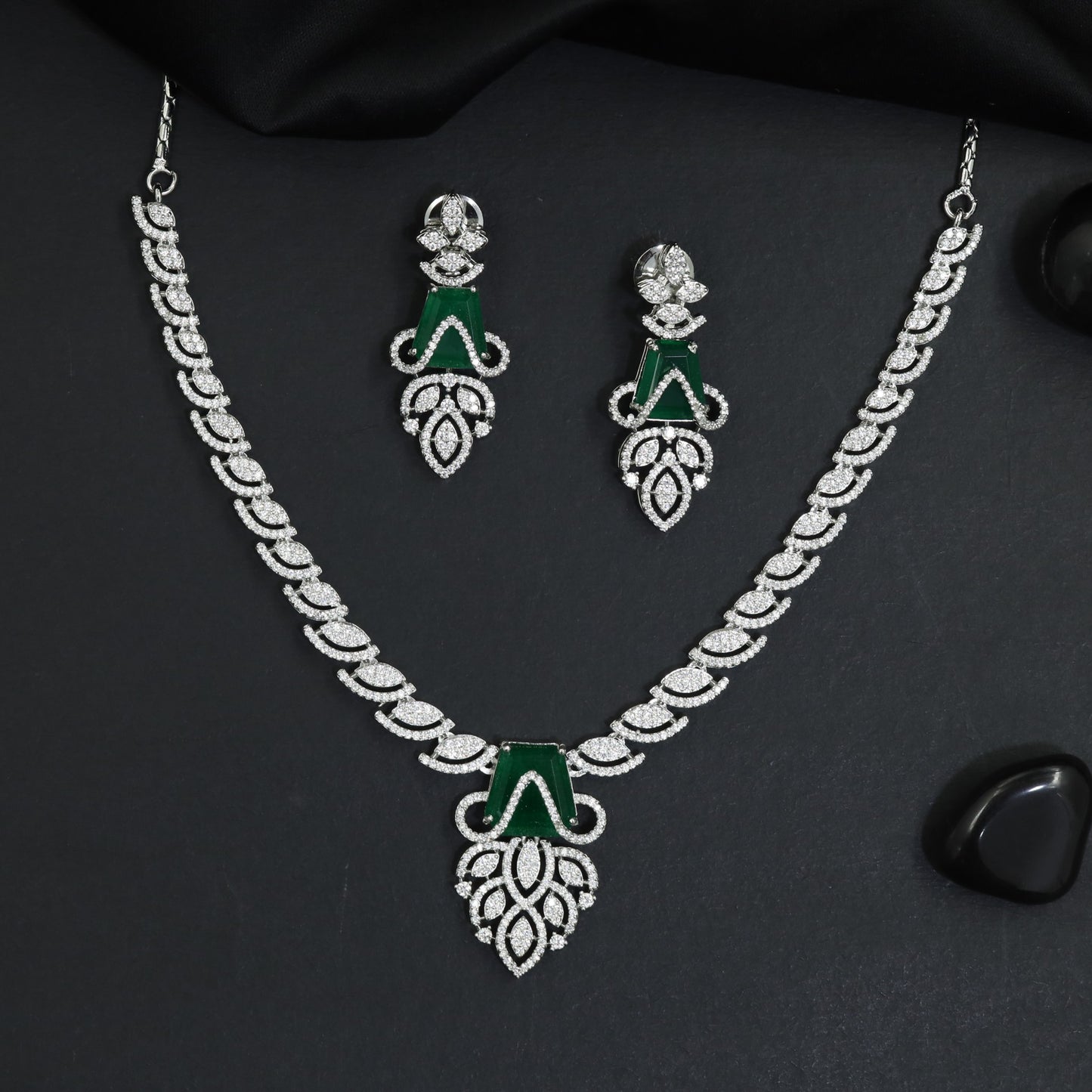 Celebration Wear Rhodium Necklace Set with Leaf Trail Pattern