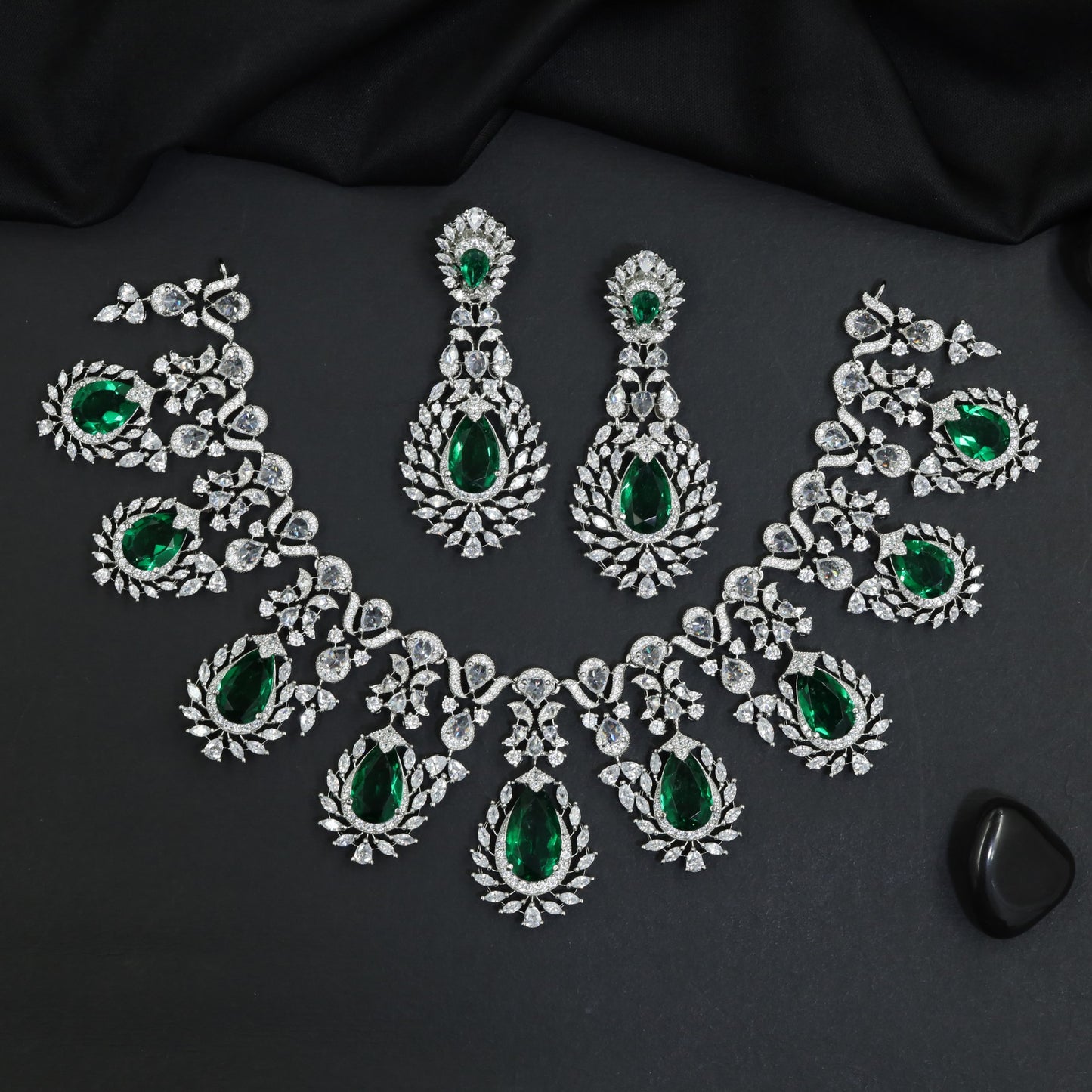 Floral Crest Rhodium Necklace Set with Pear Drop Centrepiece Arrangement