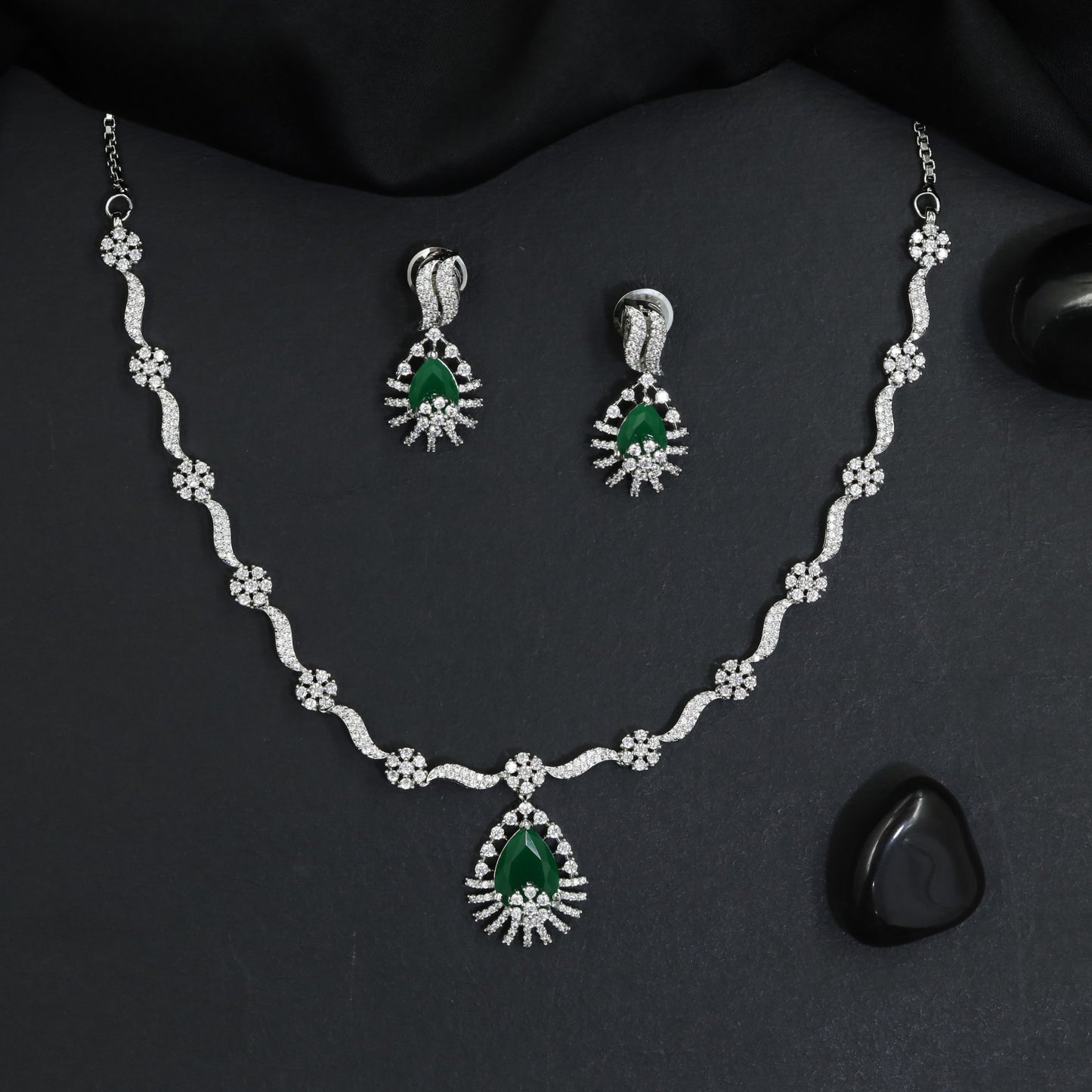 Heirloom Floral Link Rhodium Necklace Set with Drop Medallion Pendant