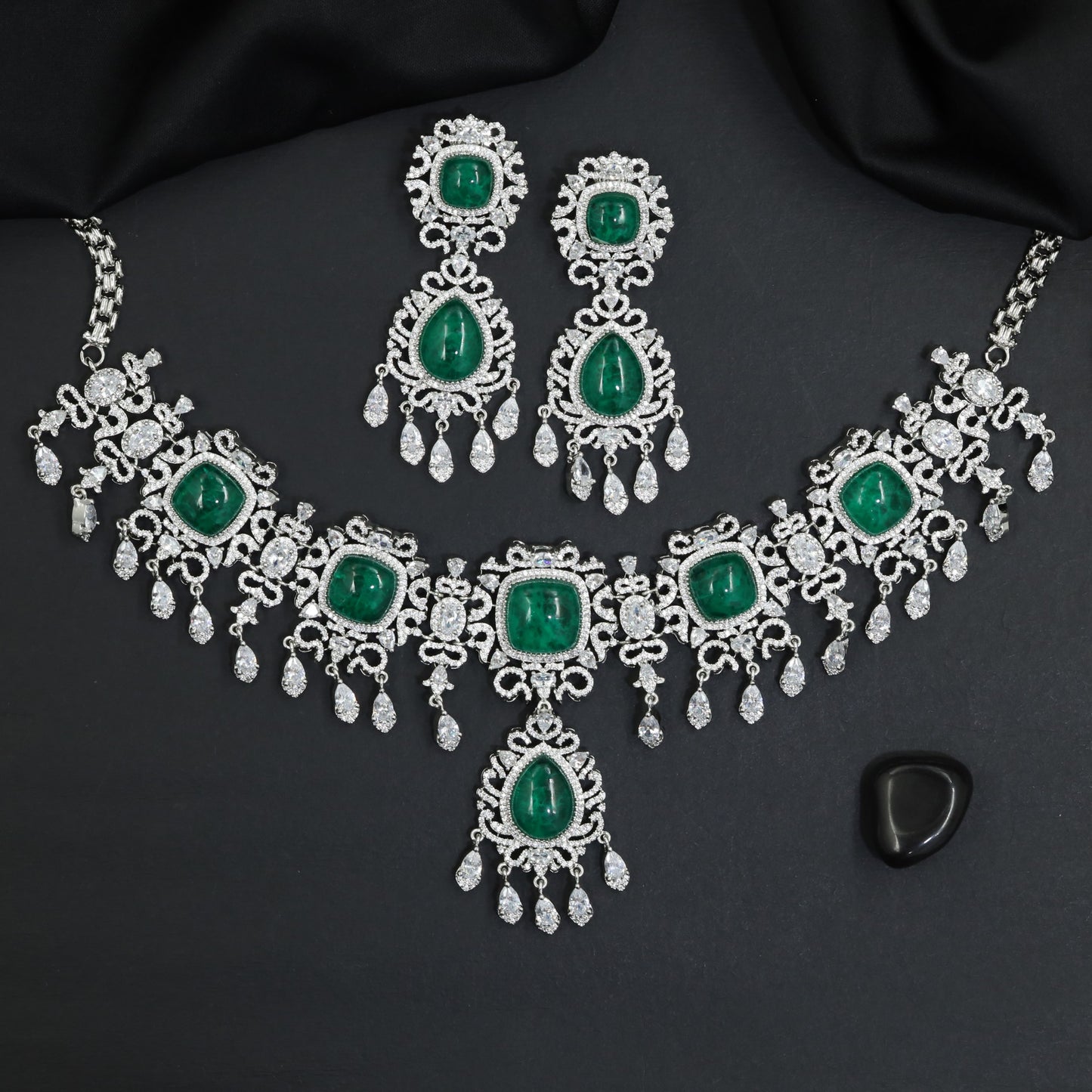 Glam Fringe Collar Rhodium Necklace Set with Pendant Medallion Accent
