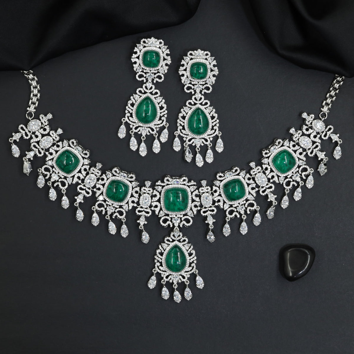 Glam Fringe Rhodium Necklace Set with Pendant Medallion
