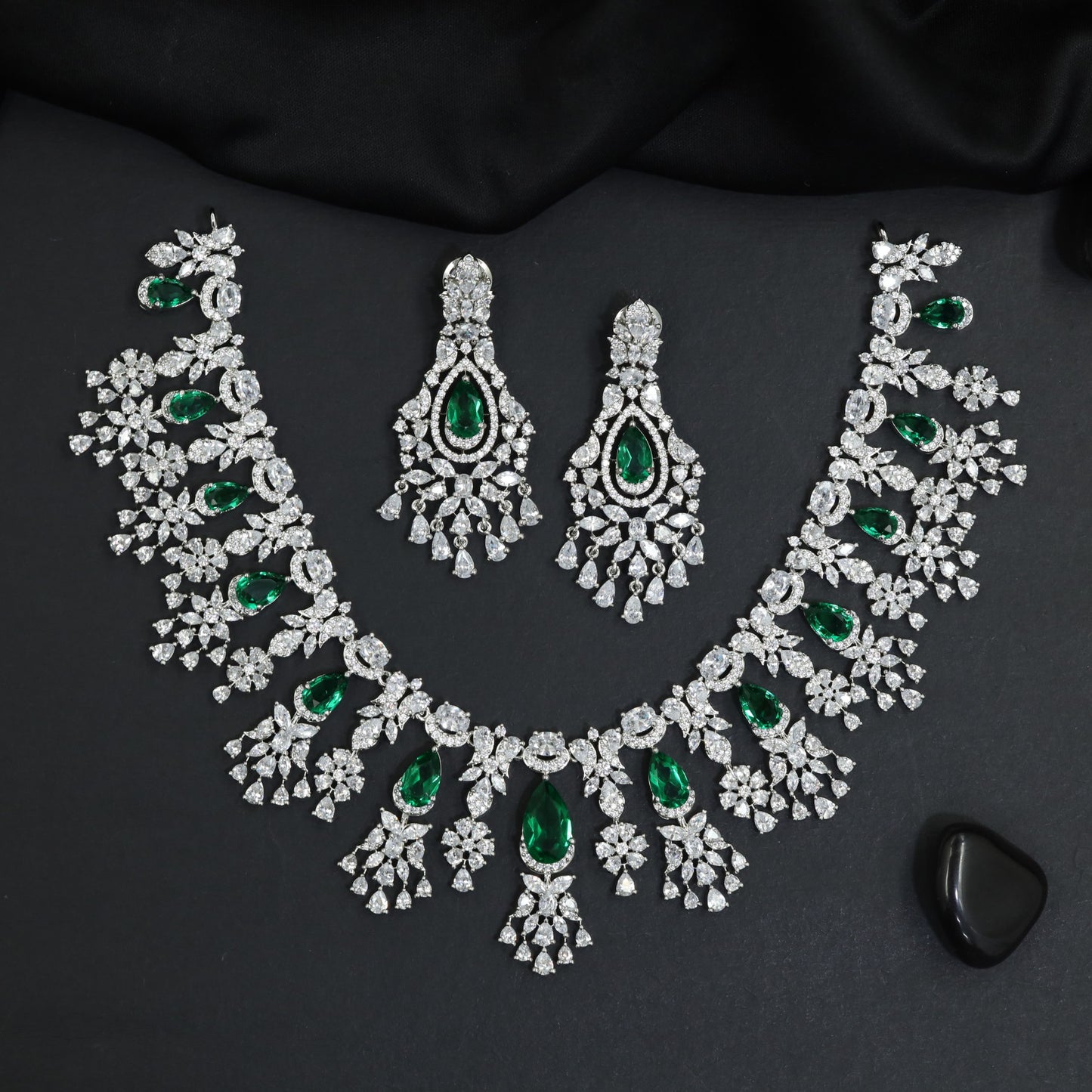 Modern Bridal Rhodium Necklace Set with Floral Cascade Silhouette