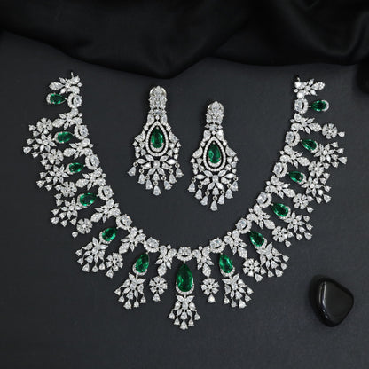 Modern Bridal Rhodium Necklace Set with Floral Cascade Silhouette