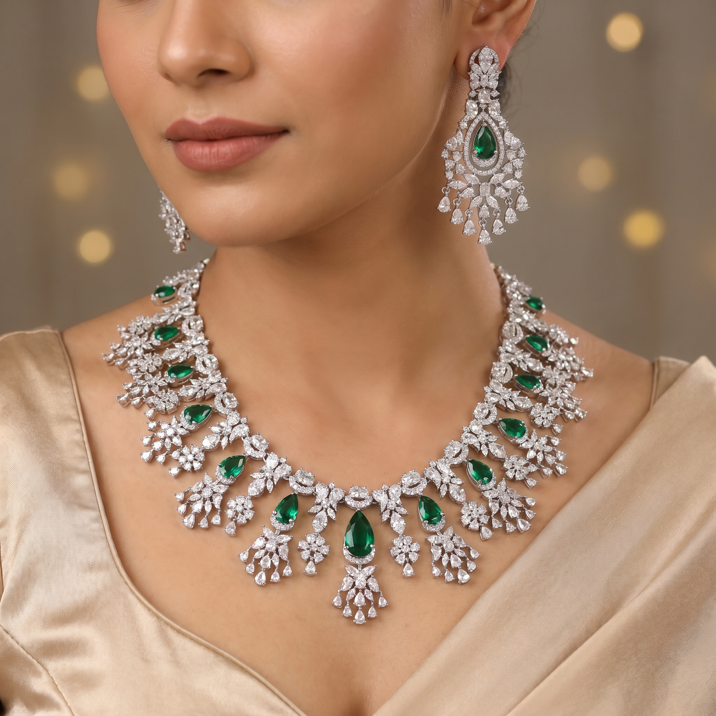 Modern Bridal Rhodium Necklace Set with Floral Cascade Silhouette