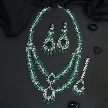 Double Layer Rhodium Long Haara Combo Set with Chandbali