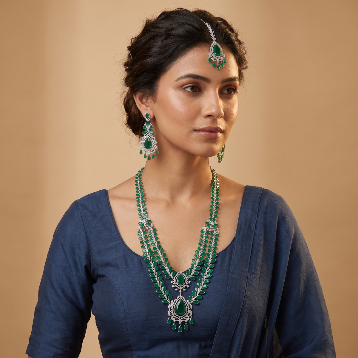 Luxe Double Layer Rhodium Long Haara with Chandbali Pendant Accents