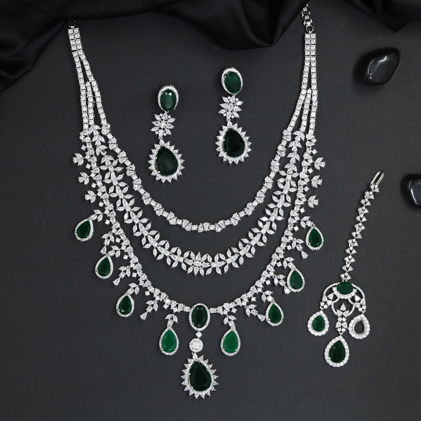 Trendy Waterfall Rhodium Necklace Set with Layered Chain Drapes