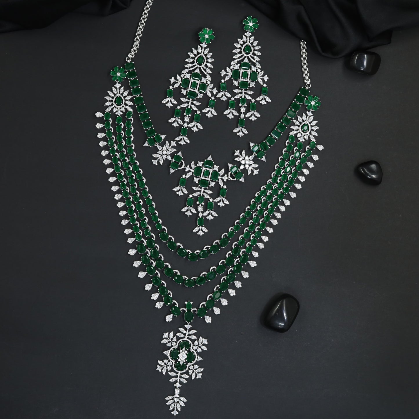 Premium Chandelier Rhodium Long Haara with Multi Layer Silhouette