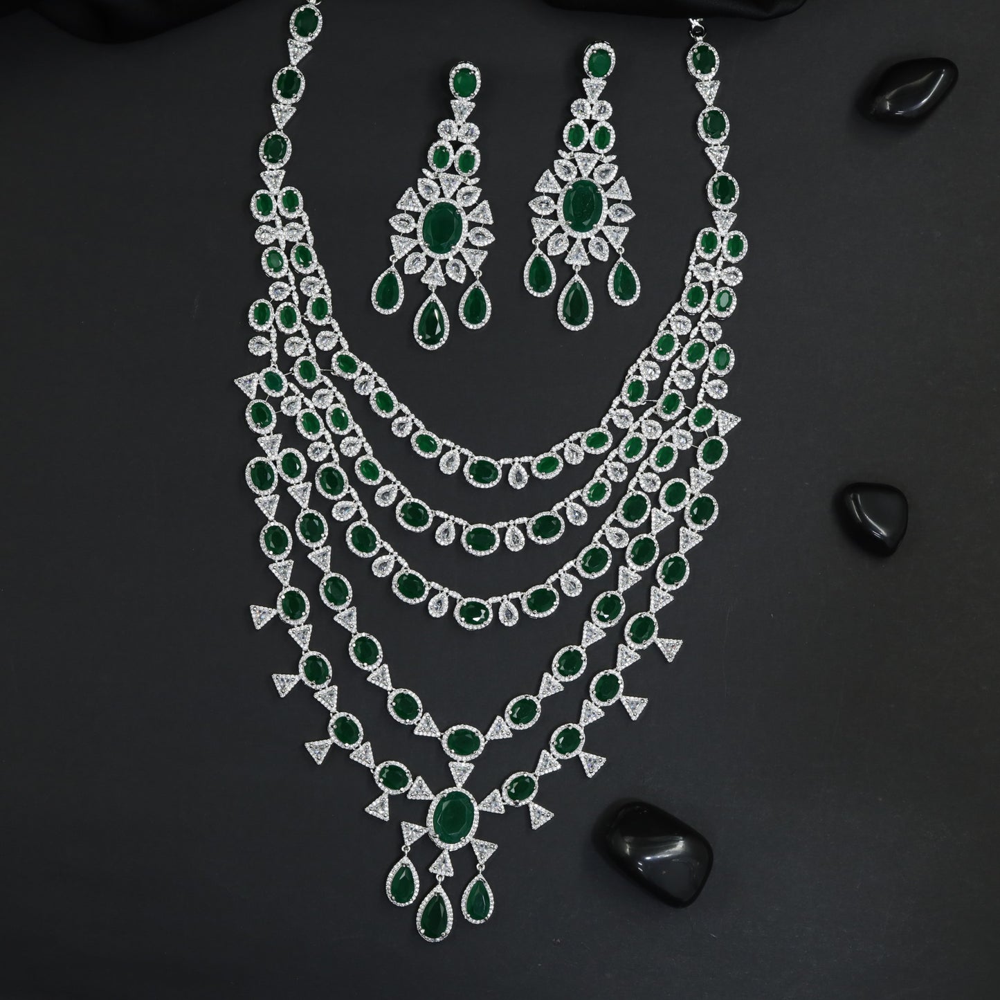Grand Cascade Rhodium Long Haara with Halo Medallion Centrepiece