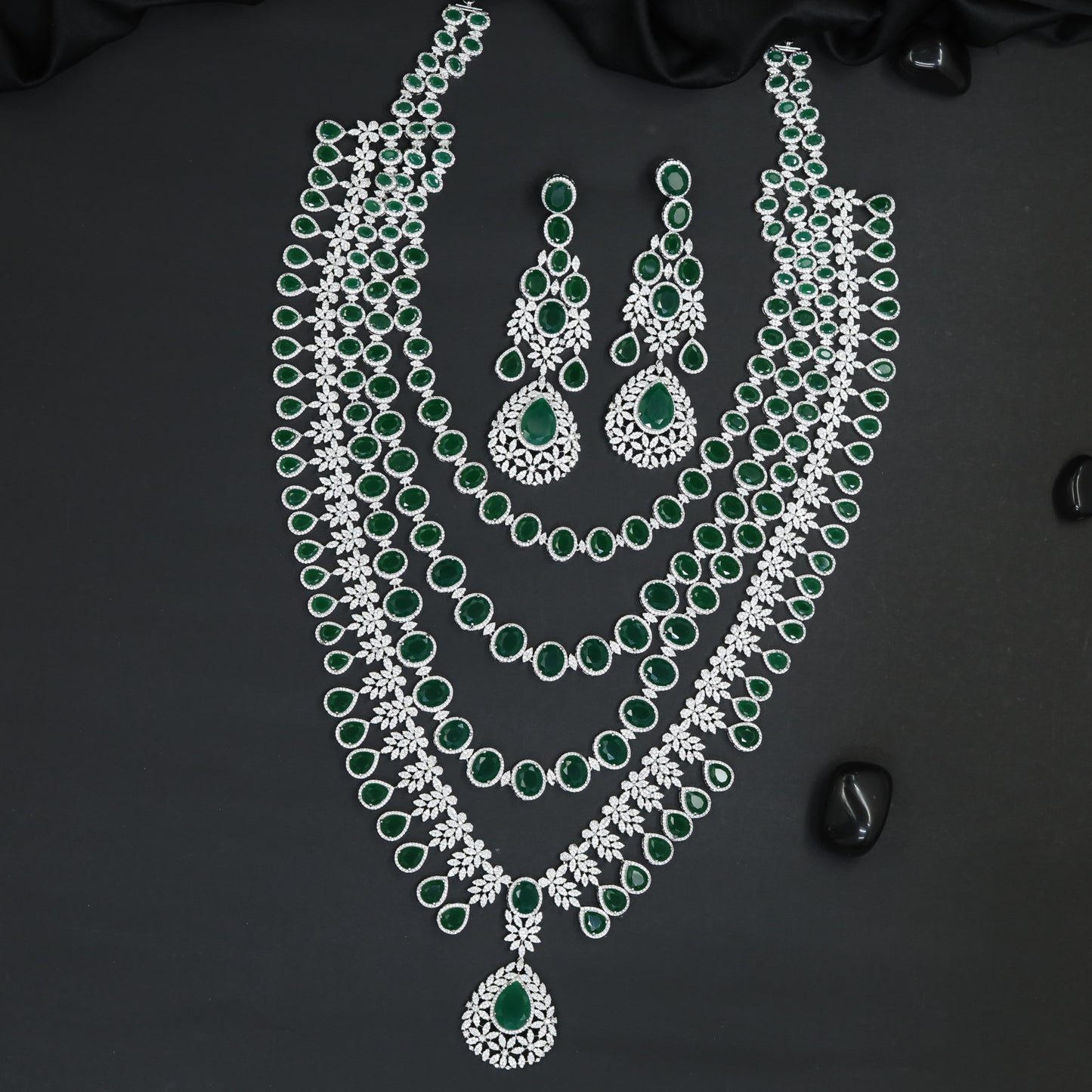 Luxury Layered Rhodium Long Haara with Medallion Pendant Accent