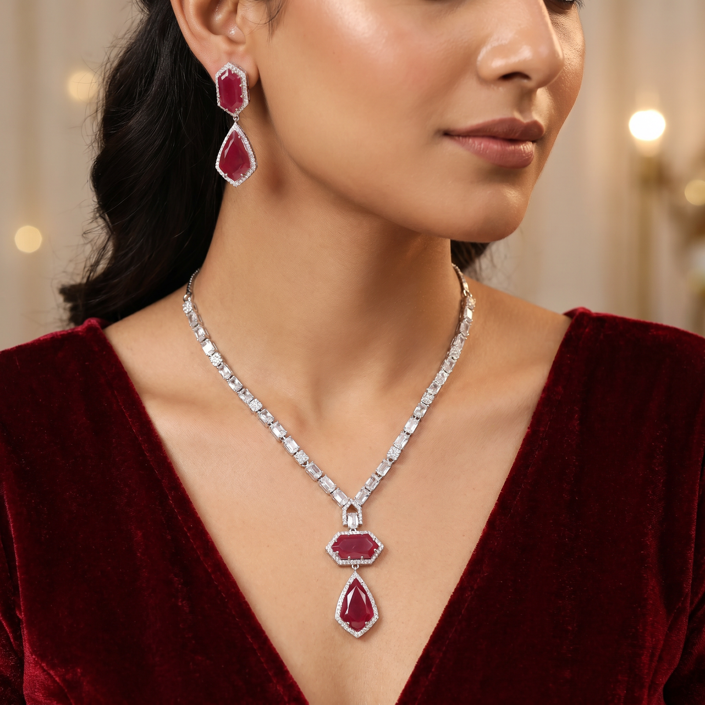 Minimal Luxe Rhodium Necklace Set with Faceted Medallion Design