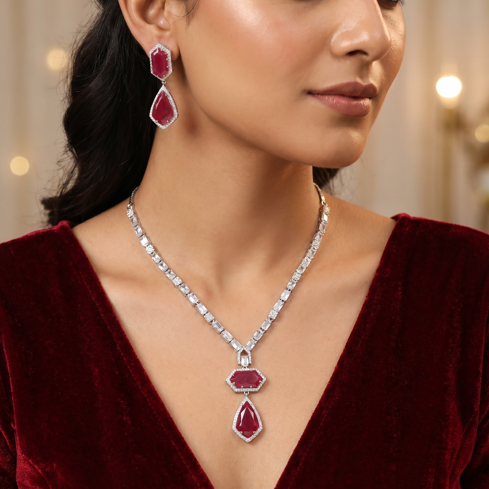 Minimal Luxe Rhodium Necklace Set with Faceted Medallion Design