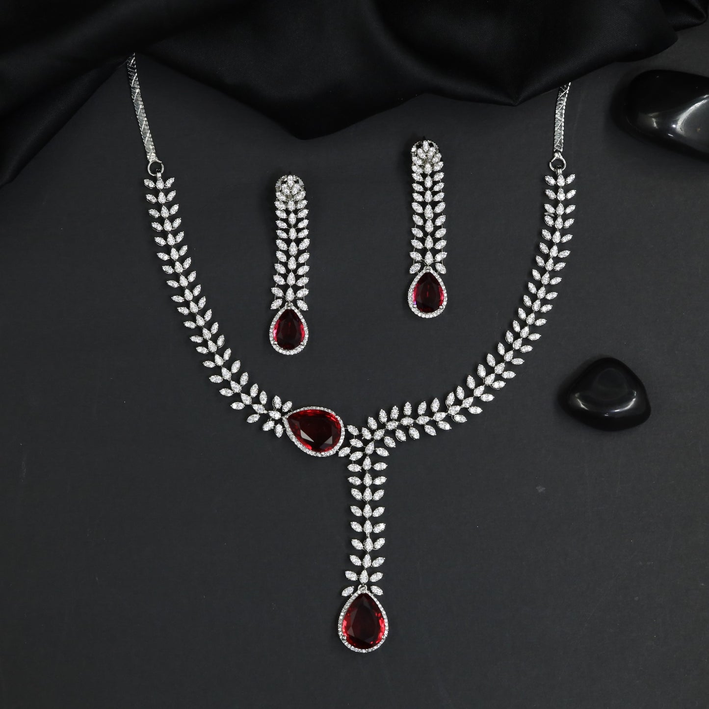 Statement V-Drape Rhodium Necklace Set with Elongated Drop Design