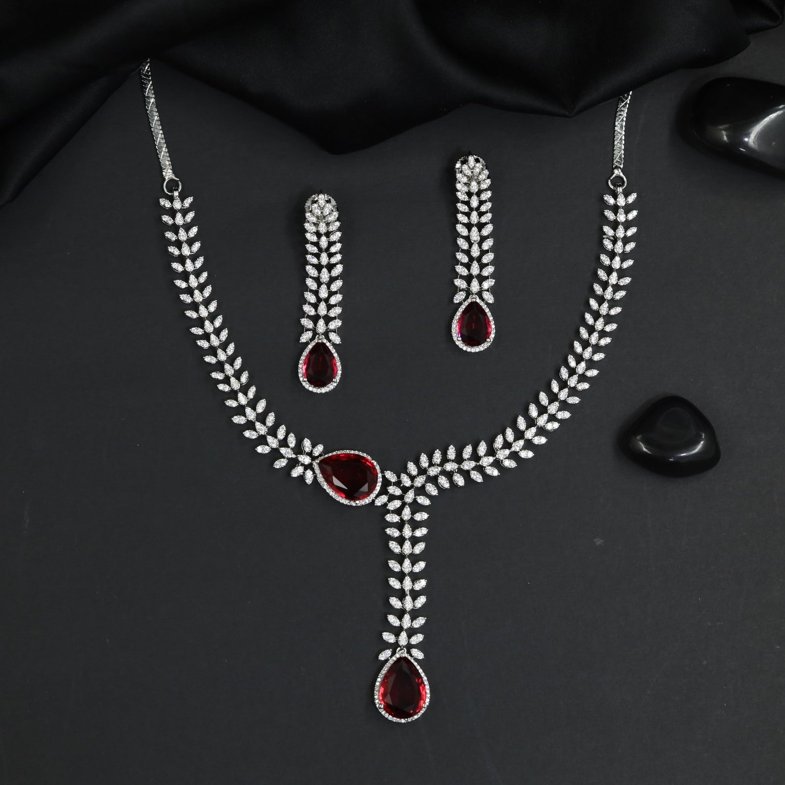 Statement V-Drape Rhodium Necklace Set with Elongated Drop Design
