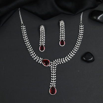Statement V-Drape Rhodium Necklace Set with Elongated Drop Design