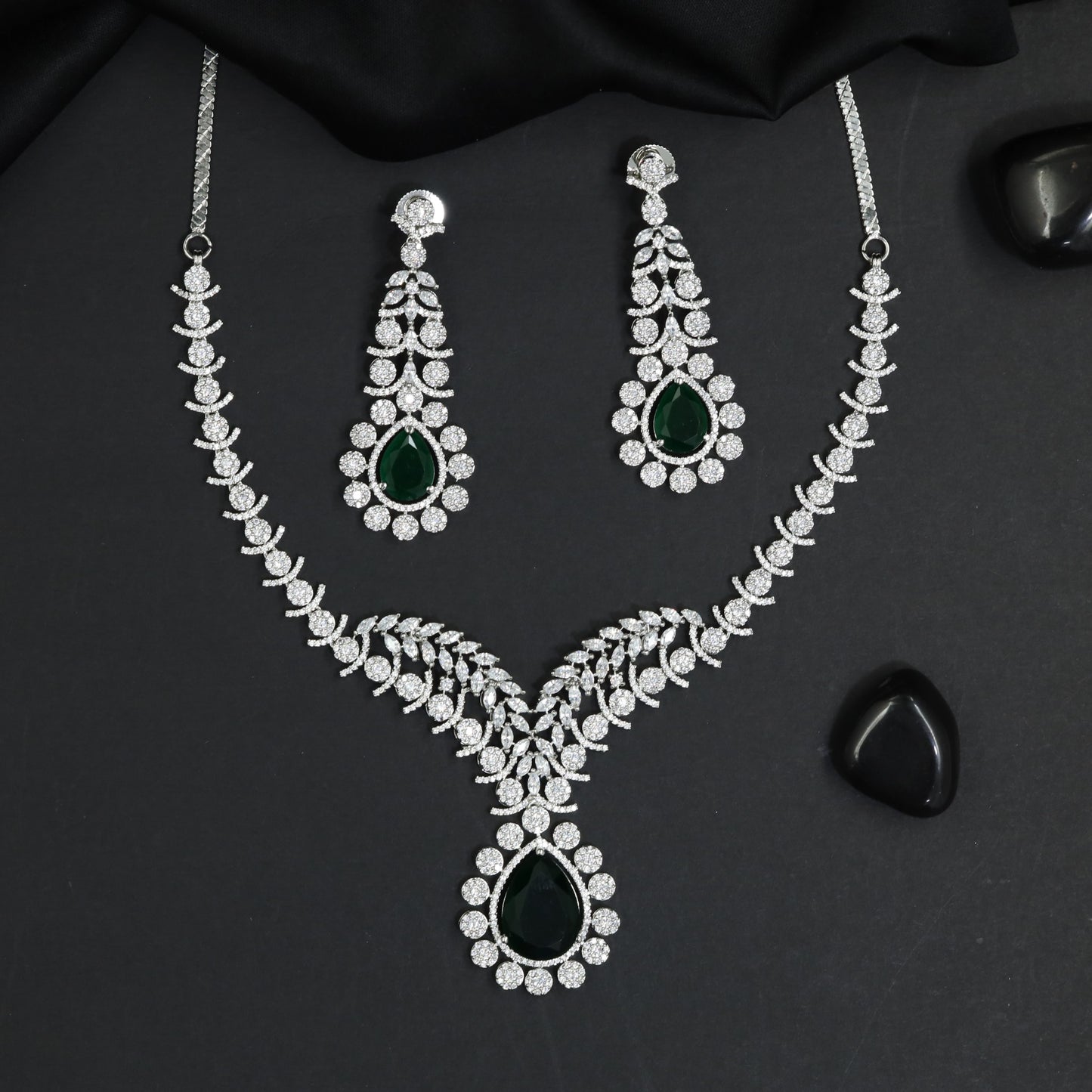 Luxe V-Collar Rhodium Necklace Set with Halo Pendant Centrepiece