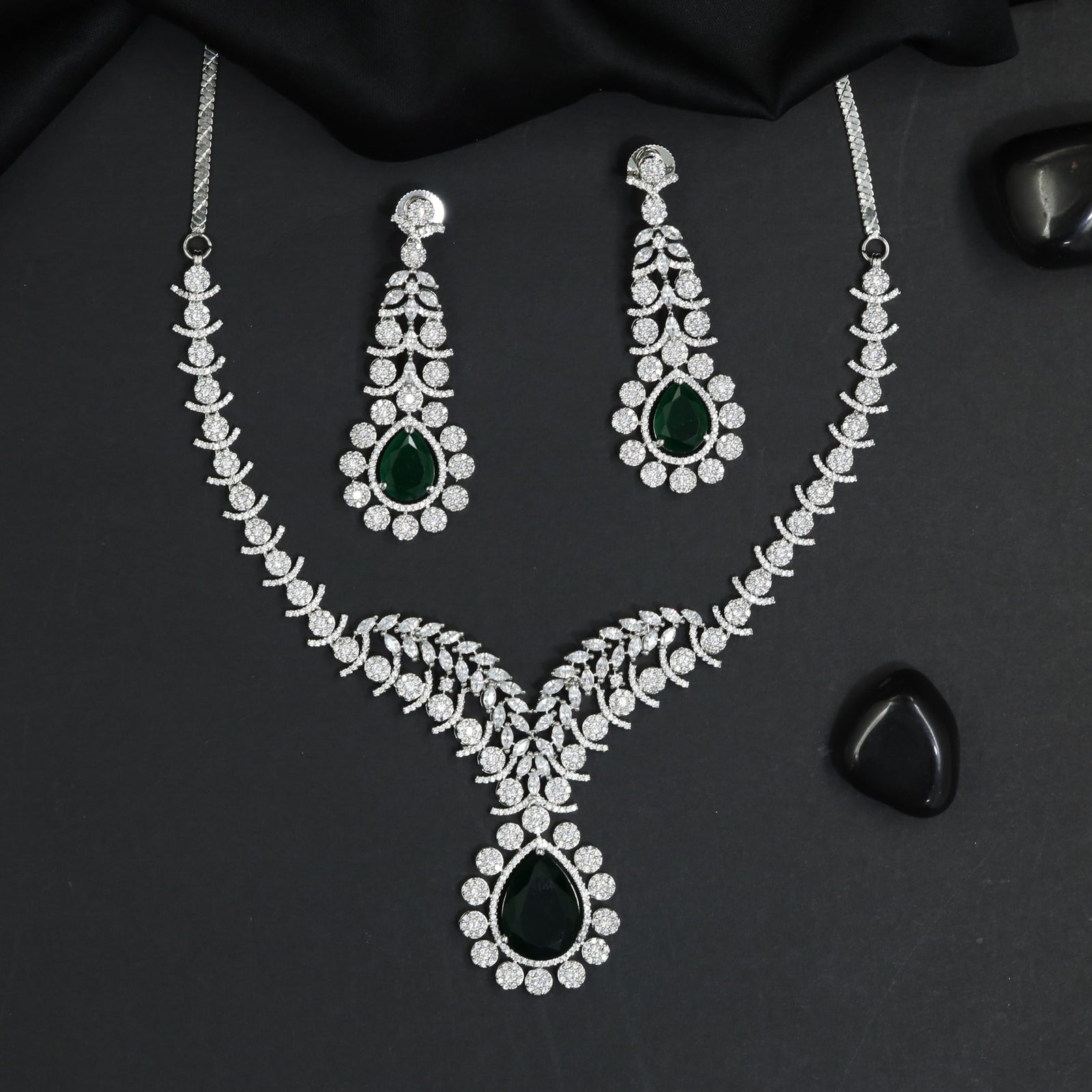 Luxe V-Collar Rhodium Necklace Set with Halo Pendant Centrepiece