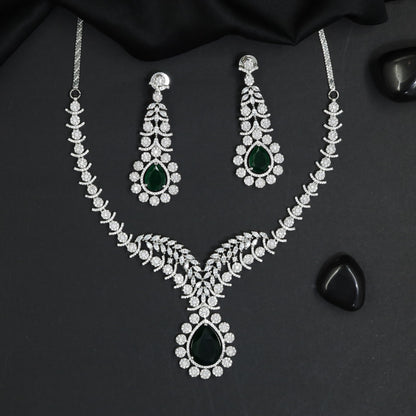 Luxe V-Collar Rhodium Necklace Set with Halo Pendant Centrepiece
