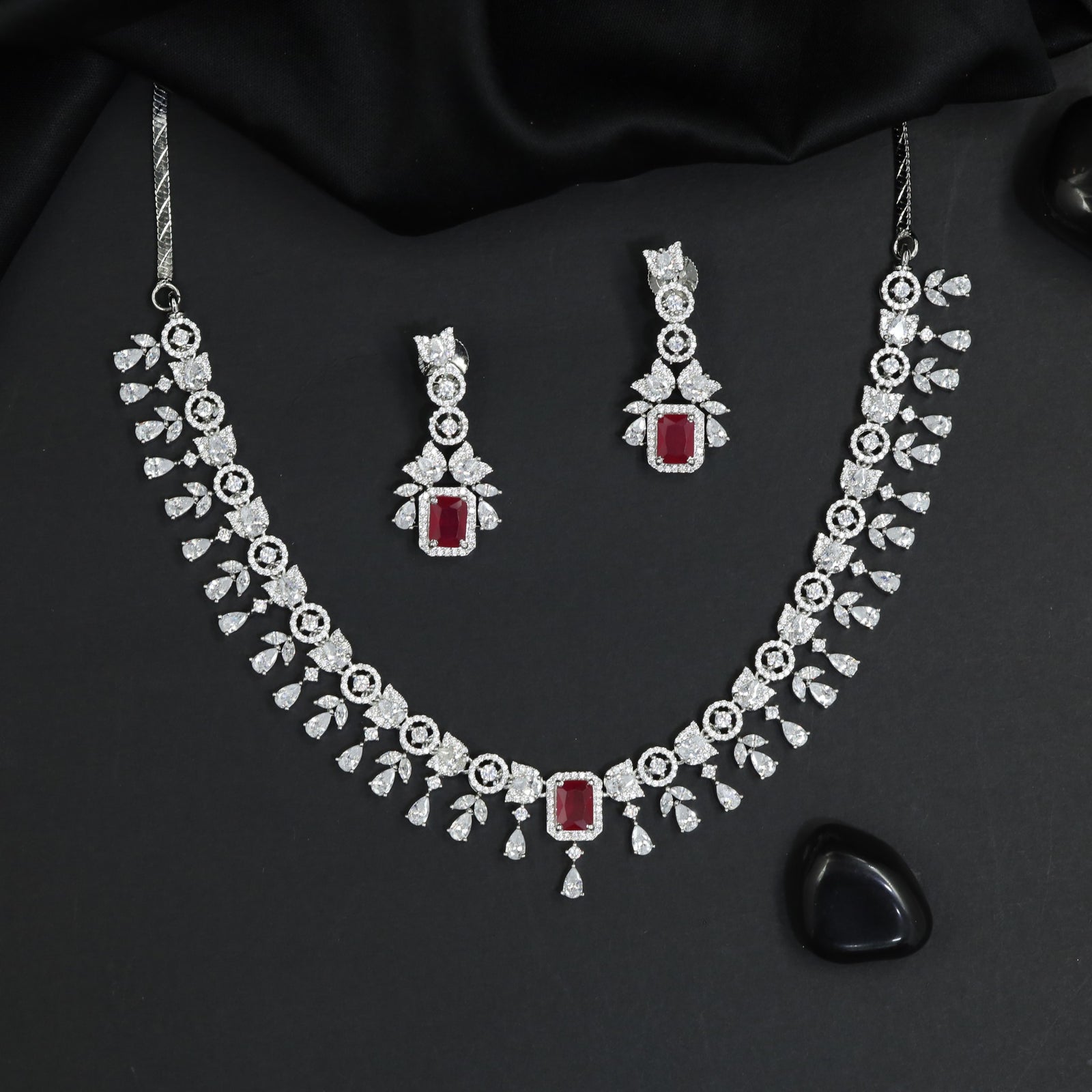 Modern Botanical Rhodium Necklace Set with Statement Drop Earrings