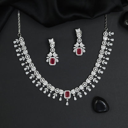 Modern Botanical Rhodium Necklace Set with Statement Drop Earrings